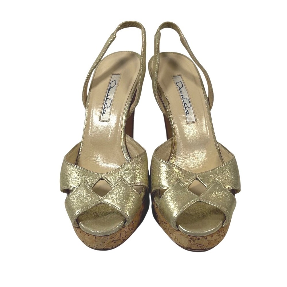 Oscar de la Renta Gold Metallic Cork Platform Slingback‎ Heels Sandals Size 35.5